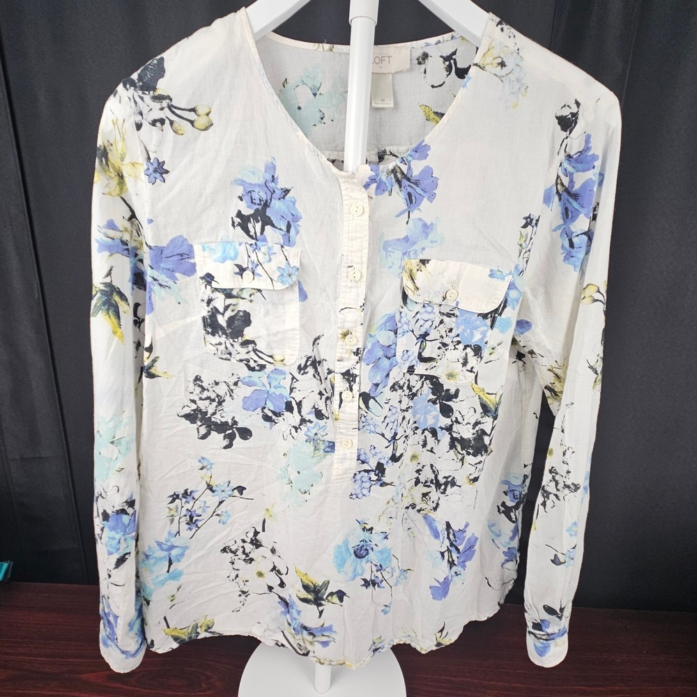 Loft Ann Taylor Floral Cotton Henley Floral Blouse White Blue Yellow M